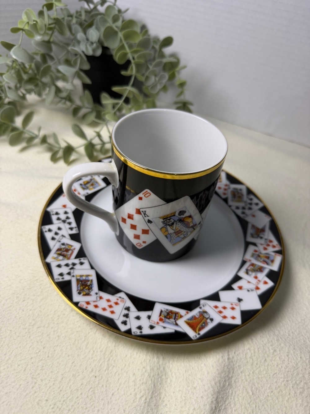 Tiffany & Co Porcelain Espresso/Tea cup & desert plate Playing Cards Black Gold